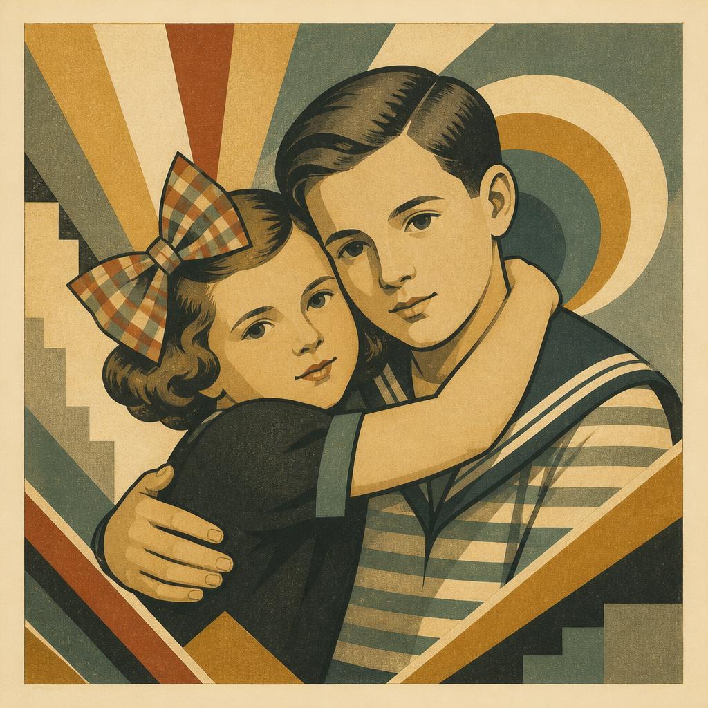 Art deco illustration of two children, a girl with a plaid bow and a boy in a sailor collar, embracing in a tender studio portrait pose