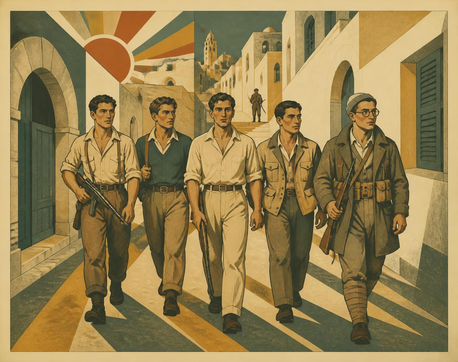 Art deco illustration of five young Hagana fighters walking abreast down a narrow stone alley in Mandate Palestine, armed with rifles and a submachine gun