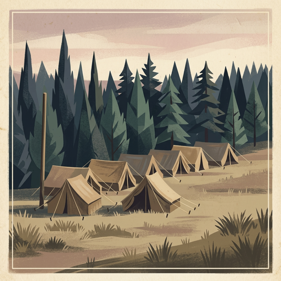 Tents sheltered among trees in a quiet grove