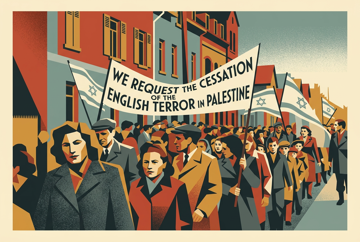 Art deco lithograph of Jewish marchers carrying a protest banner and Star of David flags