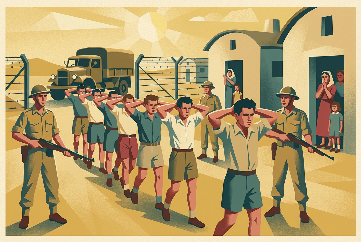 British soldiers escort detainees past a fenced camp as families watch