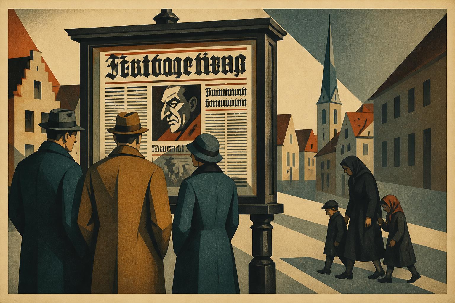 Townspeople reading an antisemitic propaganda paper in a street display case