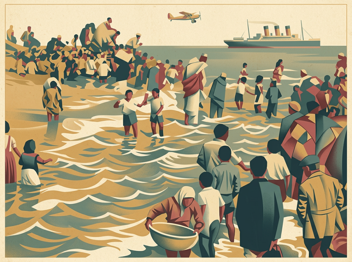 Jewish refugee families arriving through shallow coastal water