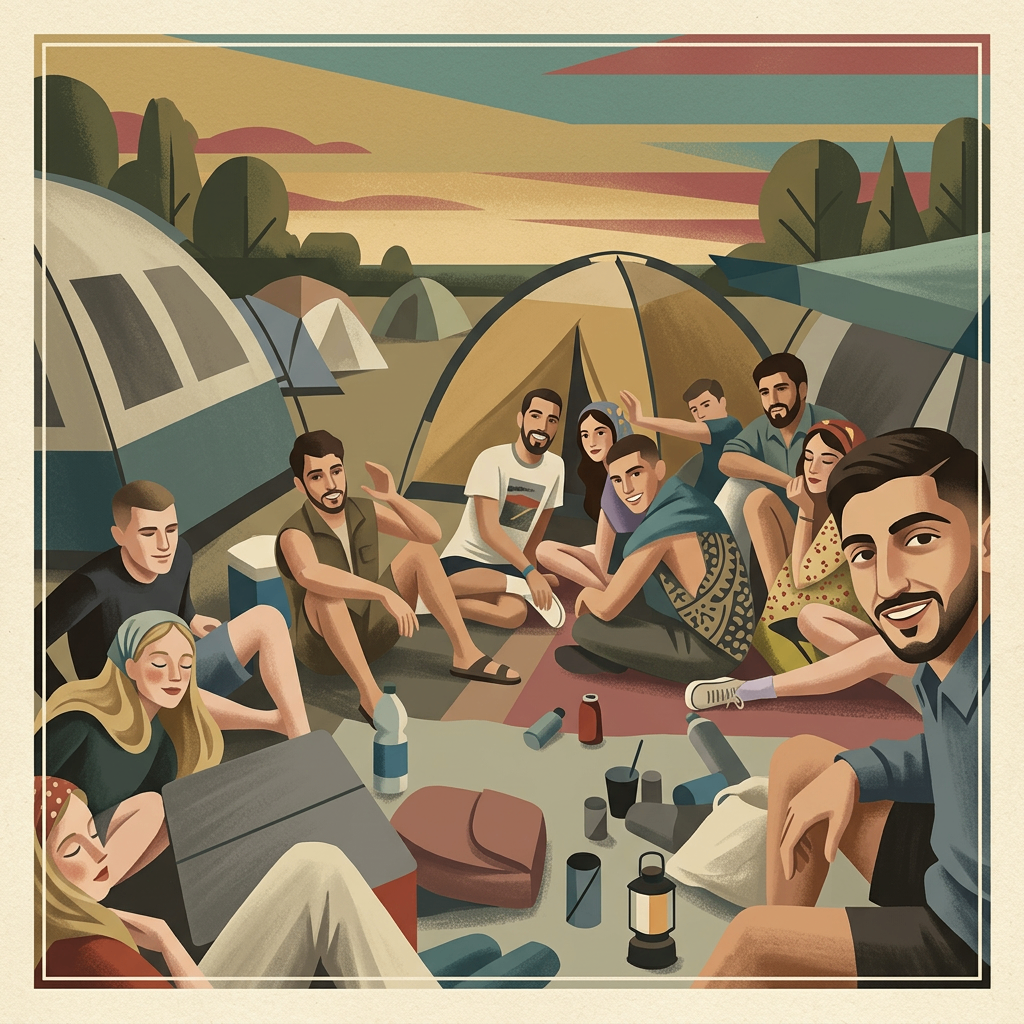 Friends gathered between tents at an outdoor festival