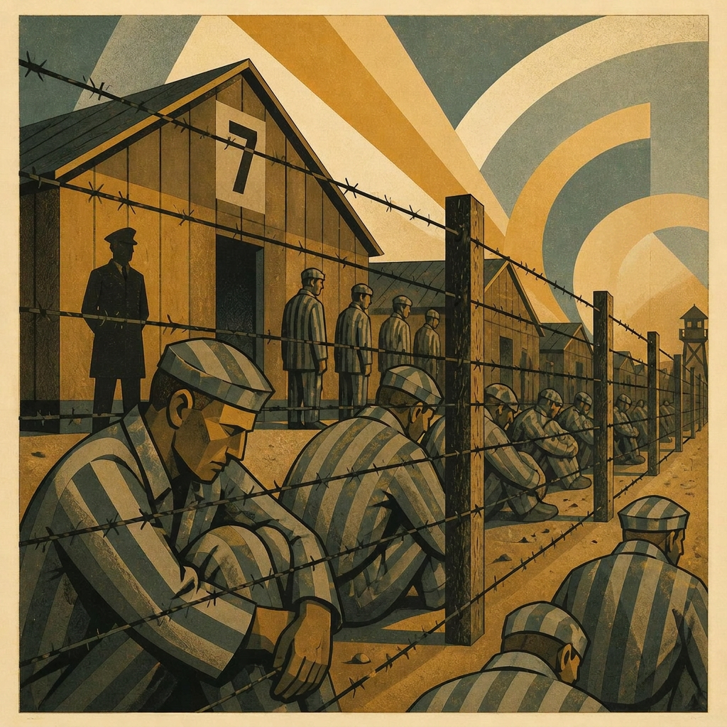 Prisoners in striped uniforms sitting along the barbed-wire fence at Bergen-Belsen