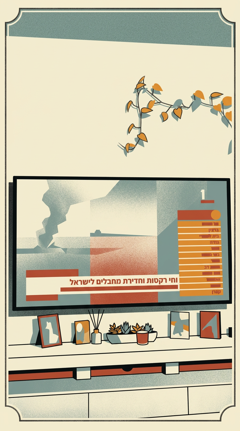 Art deco illustration of a Tel Aviv living room with a wall-mounted television broadcasting the October seventh morning news