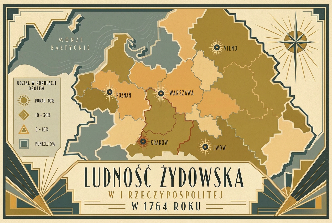 An art deco map of the Polish-Lithuanian Commonwealth showing Jewish population distribution in 1764