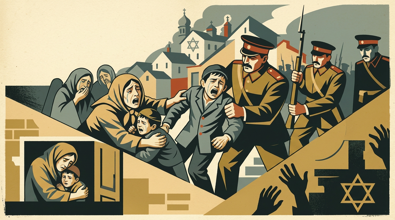 An art deco illustration of Jewish boys being conscripted by Tsar Nicholas I's soldiers in a Russian shtetl