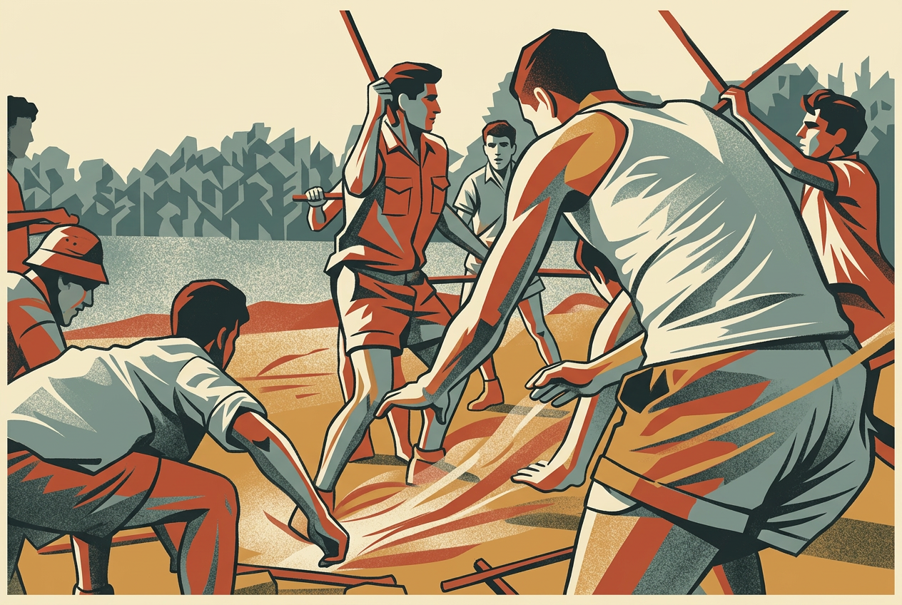 Palmach recruits training with wooden staves in a field