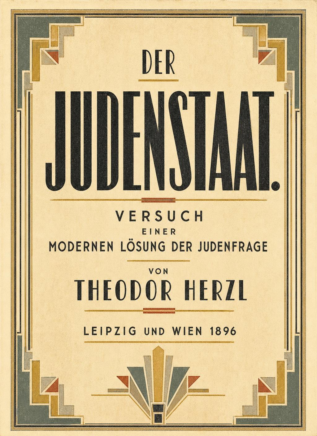 Art deco lithograph of the title page of Theodor Herzl's Der Judenstaat, published in Leipzig and Vienna in 1896