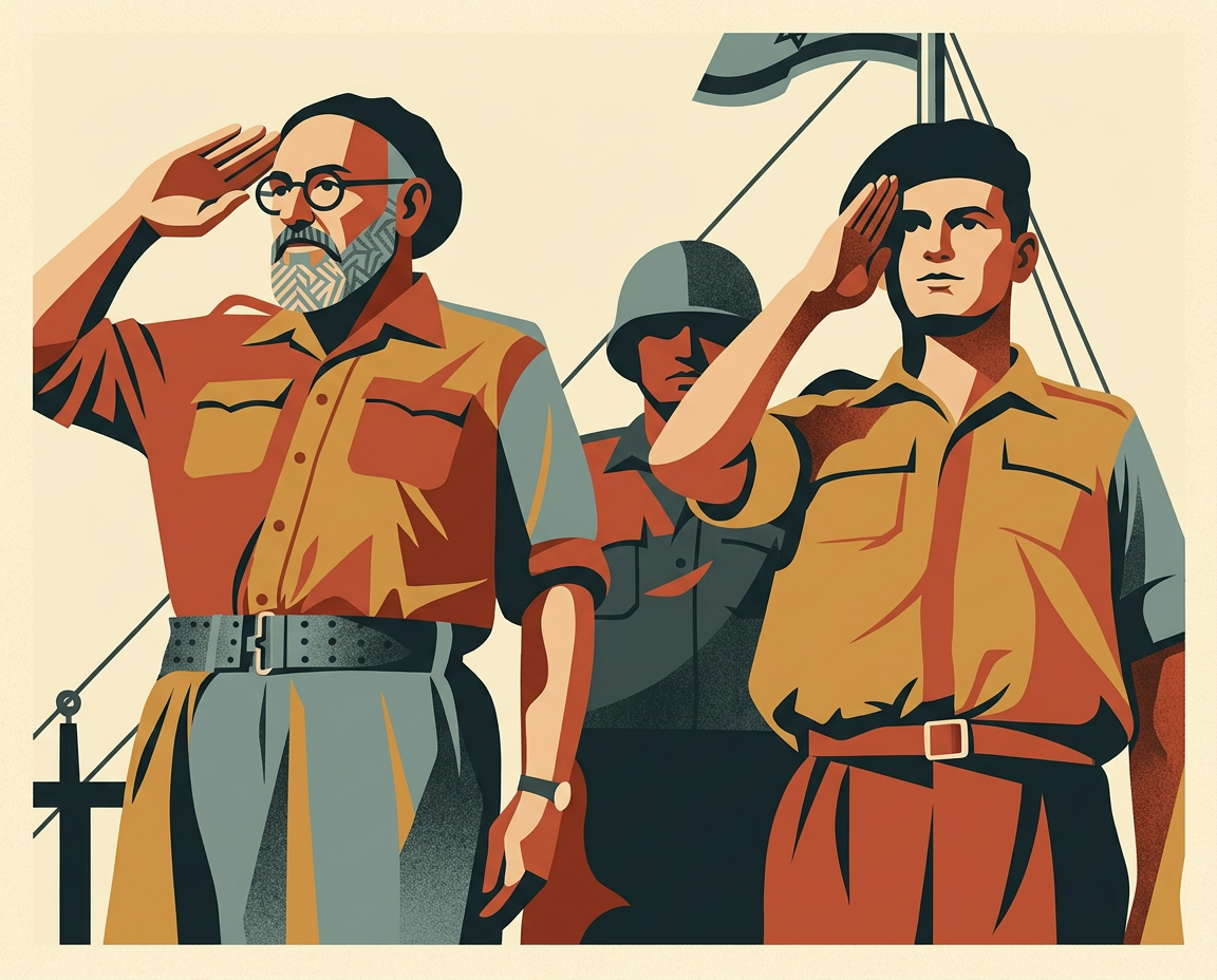 Art deco lithograph of three saluting Hagana and Palmach figures beneath a flagpole