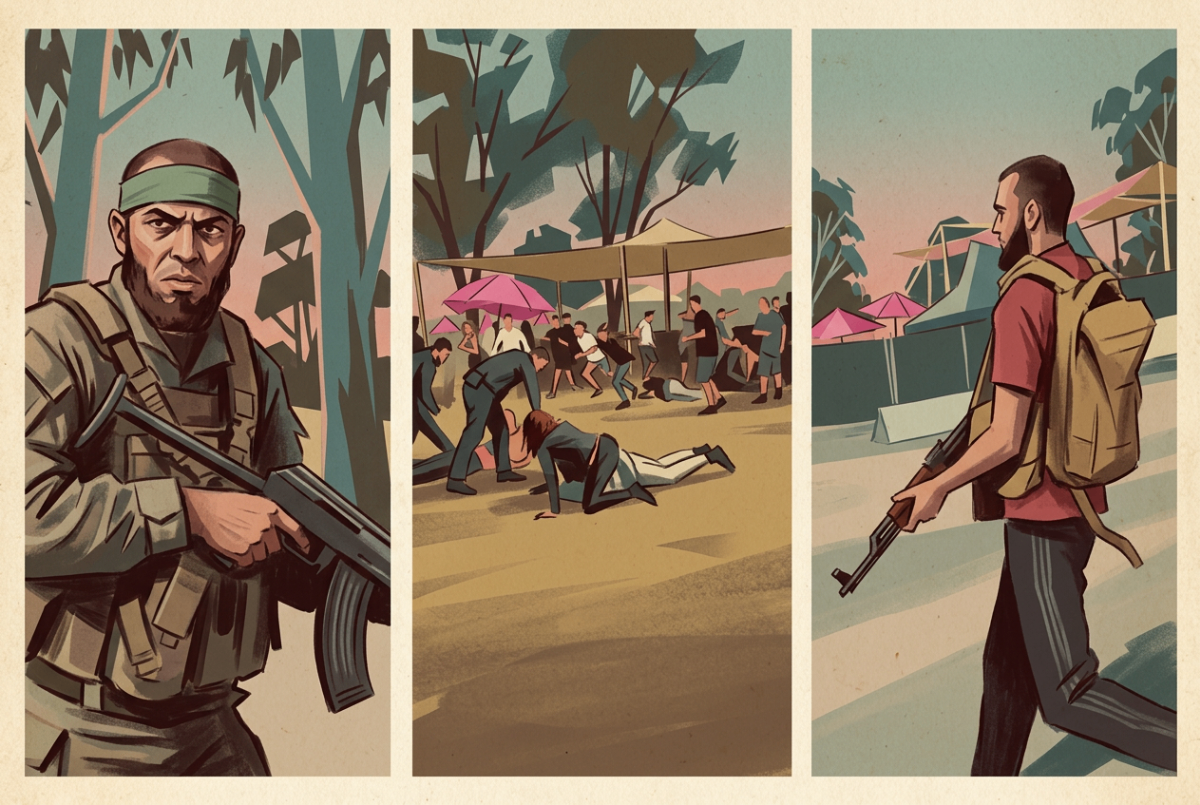Three scenes of armed attackers and civilians at the Nova festival
