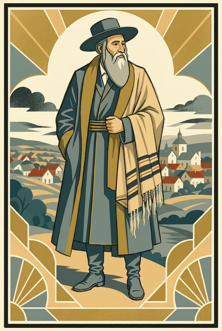 An art deco illustration of a Polish Jewish man in traditional 17th-century dress