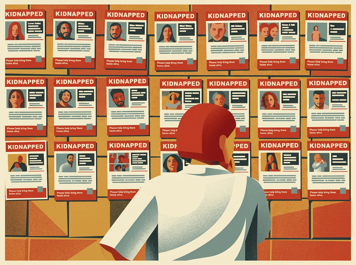 Art deco illustration of a wall covered in red KIDNAPPED hostage posters with a woman standing in front reading them