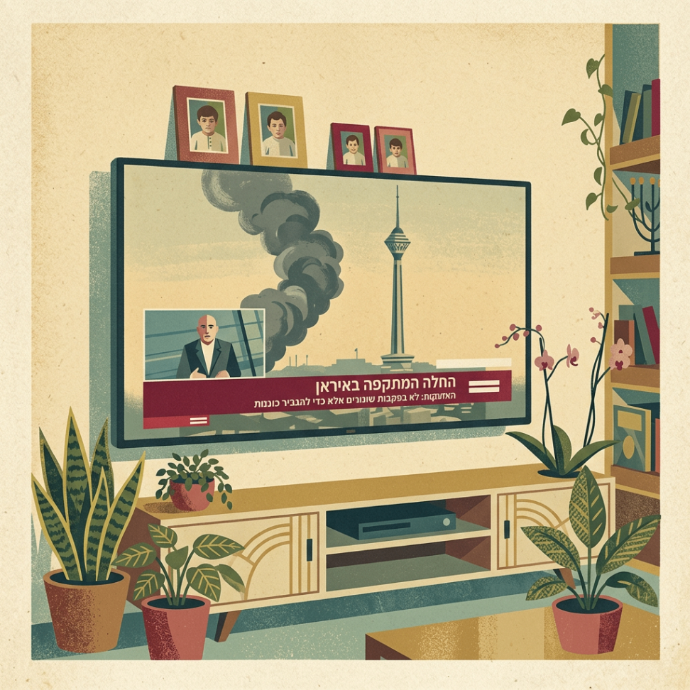 A television reporting smoke over Iran in a family living room