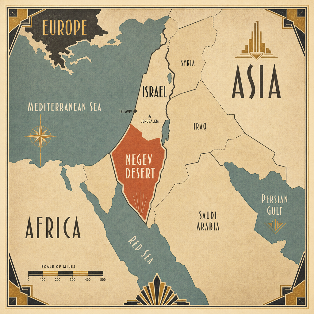 Art deco map of Israel and the Negev Desert