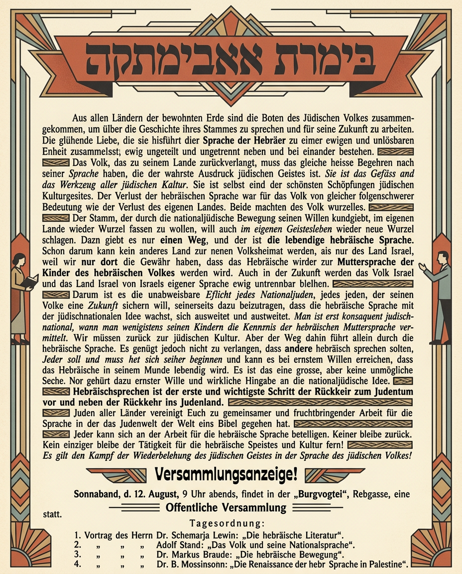 Art deco lithograph of a historic Hebrew-language revival poster