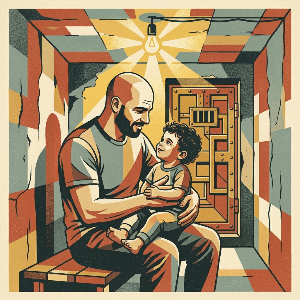 Gal and his son in a bomb shelter between tours