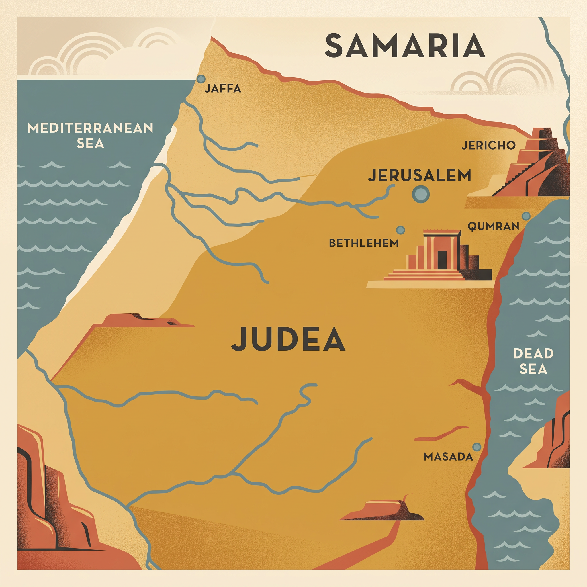 Art deco lithograph map of Judea and Samaria with Jerusalem, Jaffa, Jericho, Bethlehem, Qumran, Masada, the Mediterranean Sea, and the Dead Sea