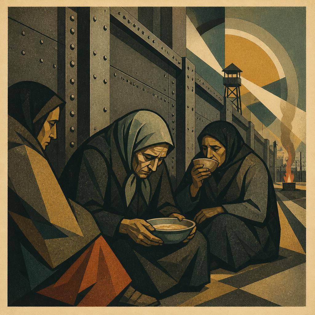 Art deco illustration of three women huddled against a riveted steel wall in a concentration camp, eating from bowls