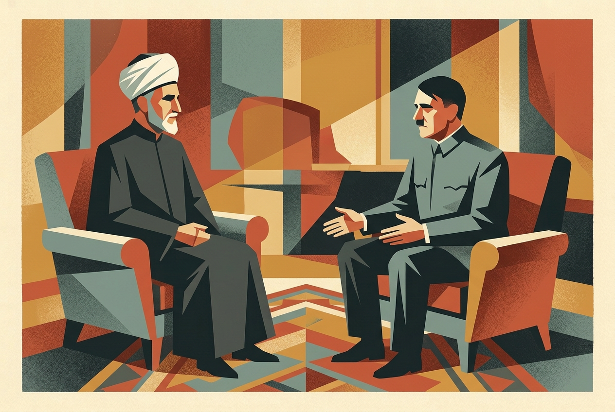 Art deco lithograph of the Grand Mufti of Jerusalem seated in conversation with Hitler in Berlin