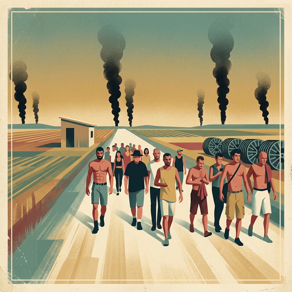 Civilians walking along a road beneath columns of smoke