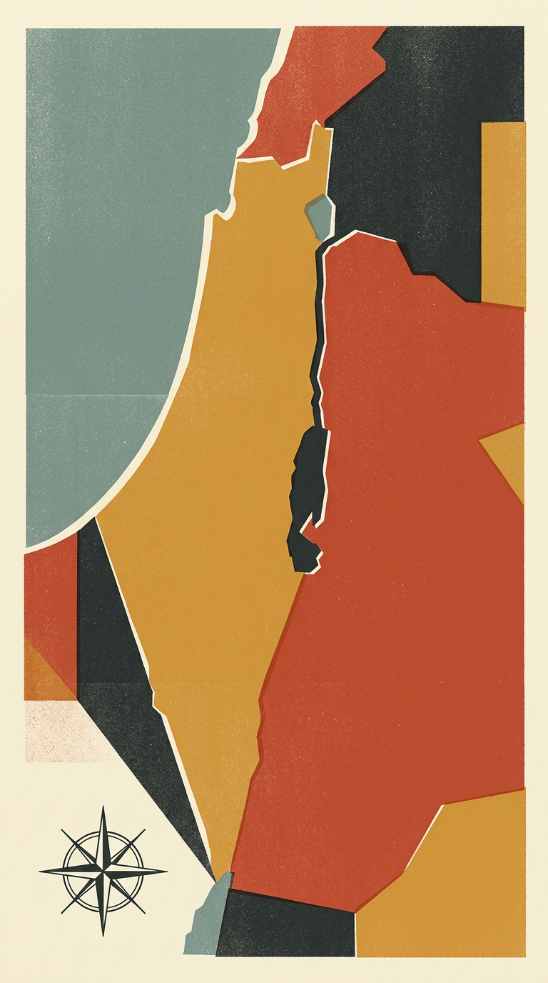 Art deco lithograph map of the British Mandate divided into Palestine and Transjordan