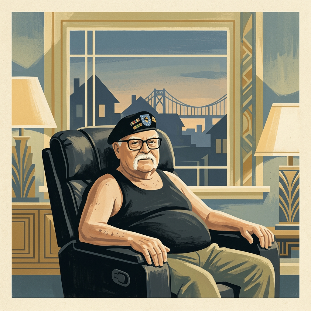 An elderly Shlomo wearing his beret and glasses in his armchair
