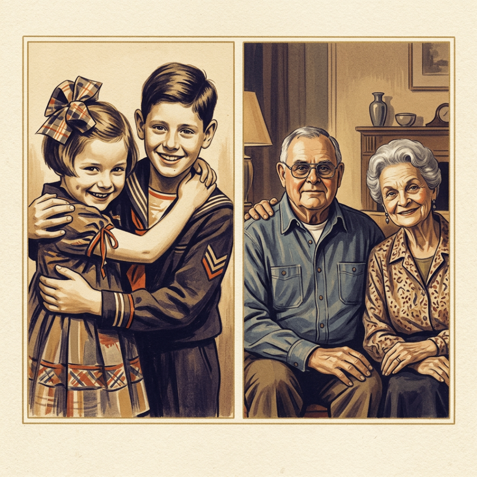 George and Ursula embracing as children, and pictured together in old age