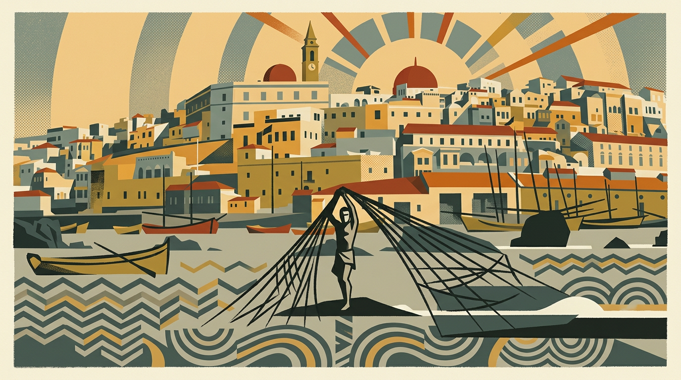 Art deco illustration of a fisherman casting a net in the surf below the stone town of Jaffa