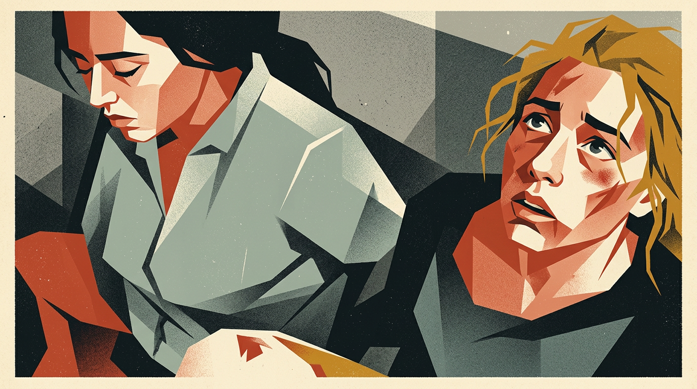 Art deco illustration of two young Israeli women held captive in a bare concrete room