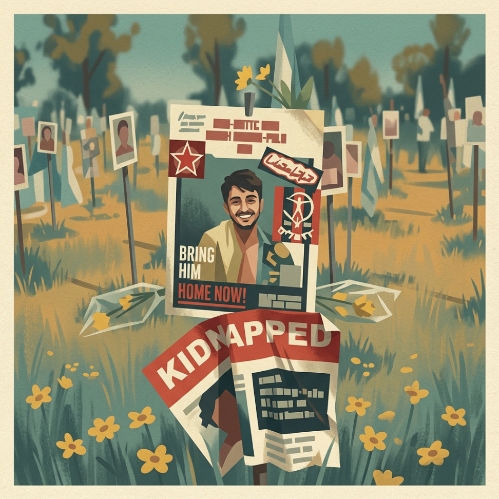 A portrait among flowers and the Bring Him Home Now and KIDNAPPED signs