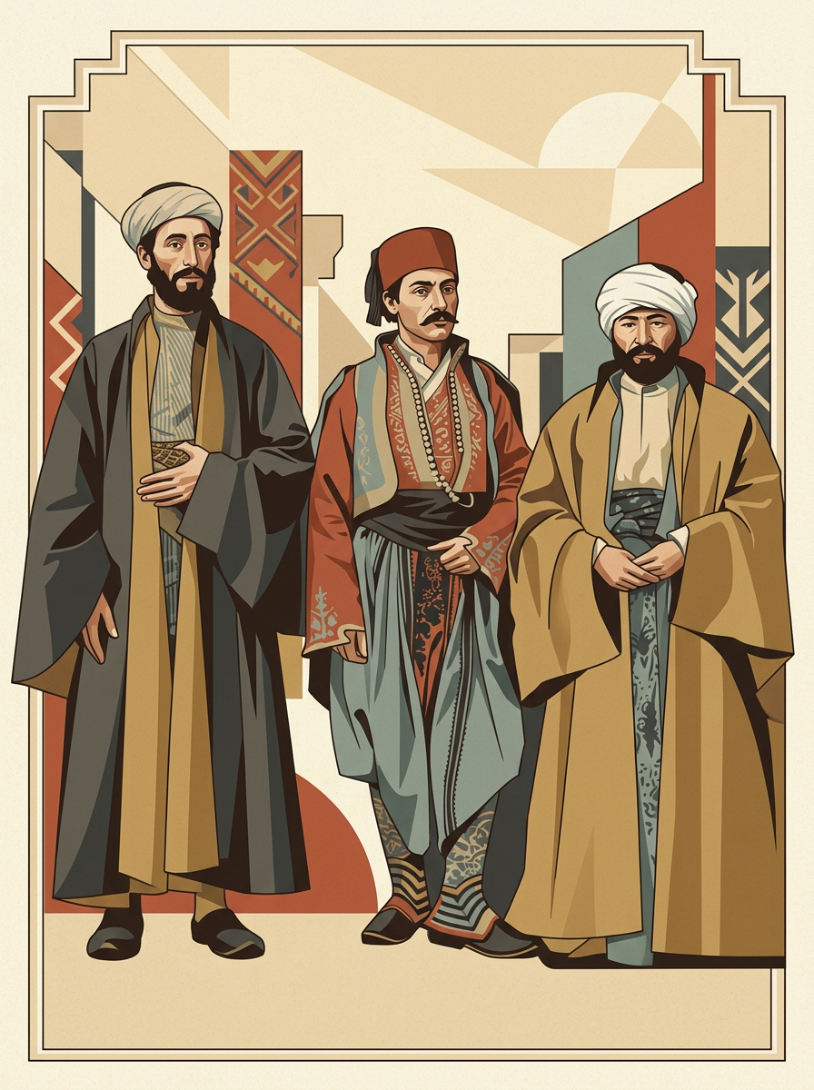 Art deco lithograph of three traditionally dressed men representing the peoples of the late Ottoman Middle East