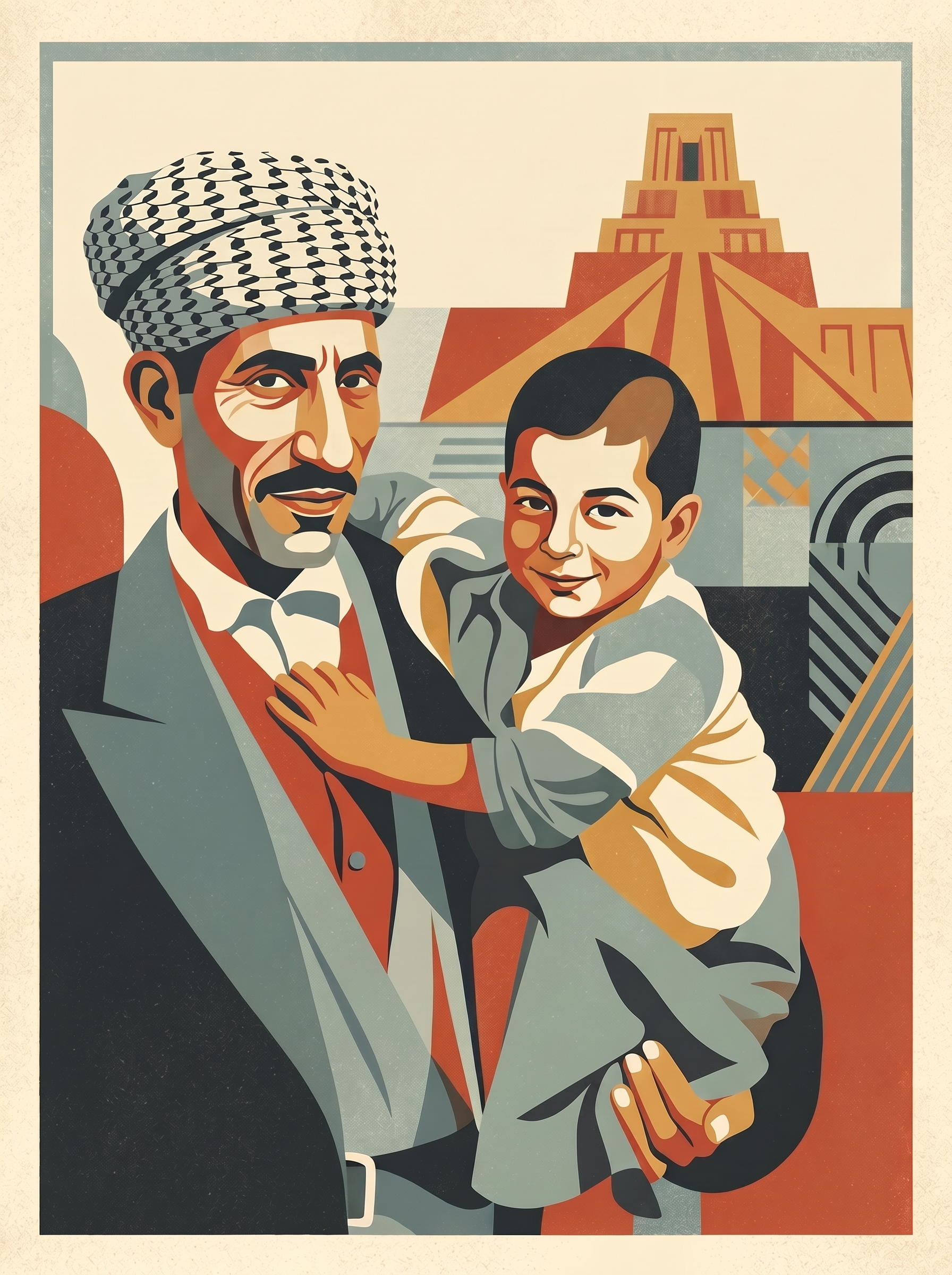 Iraqi father in keffiyeh holding his young son