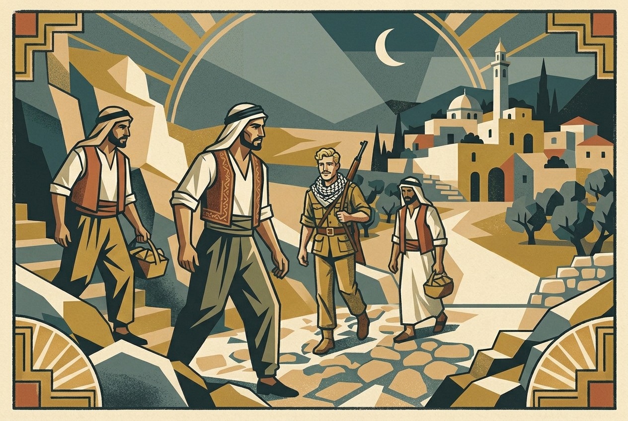 Four unarmed Palmach scouts dressed as Lebanese peddlers near a border village at night