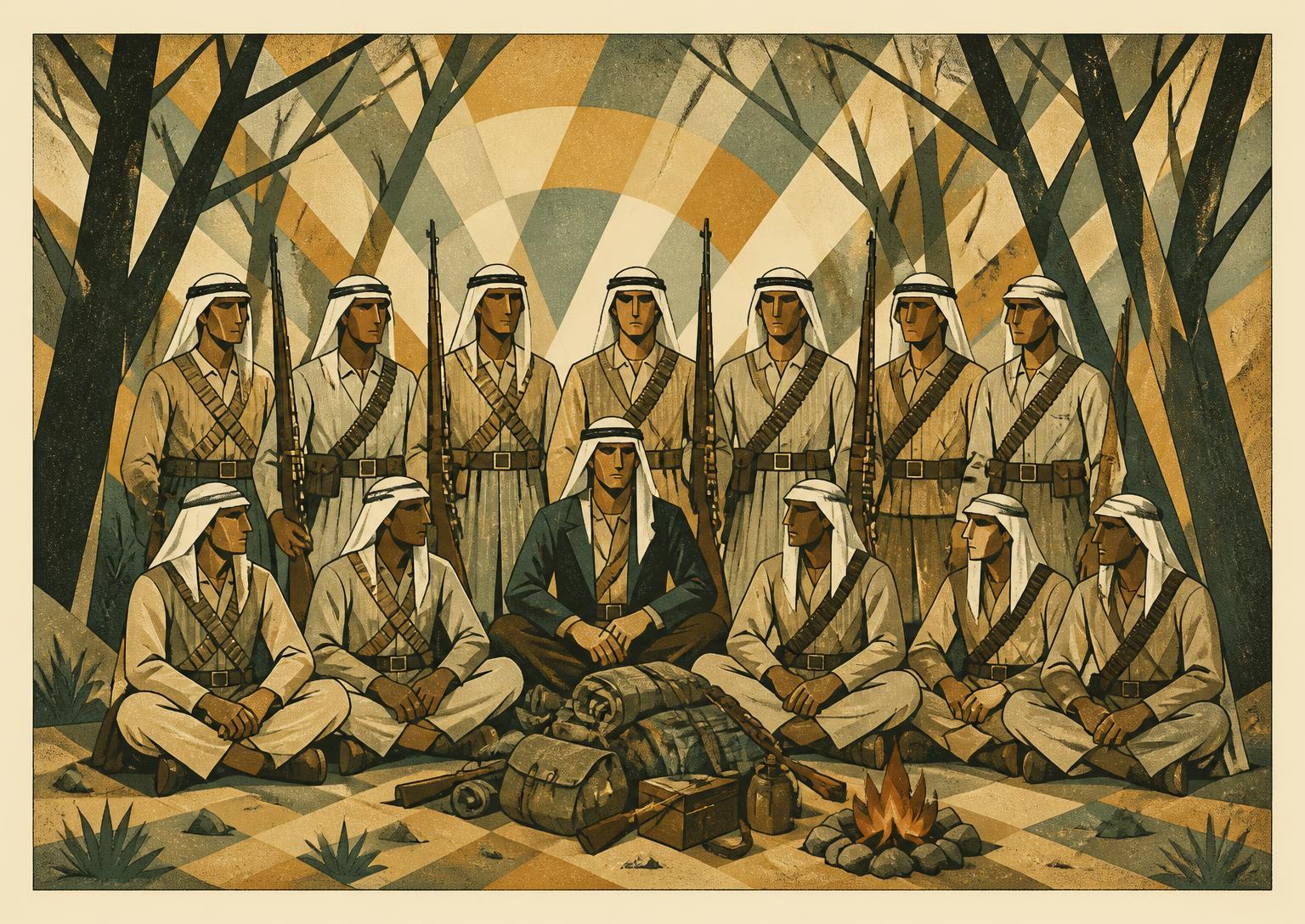 A group of Palmach Arab Platoon fighters in keffiyehs and Arab dress posing with rifles in a grove