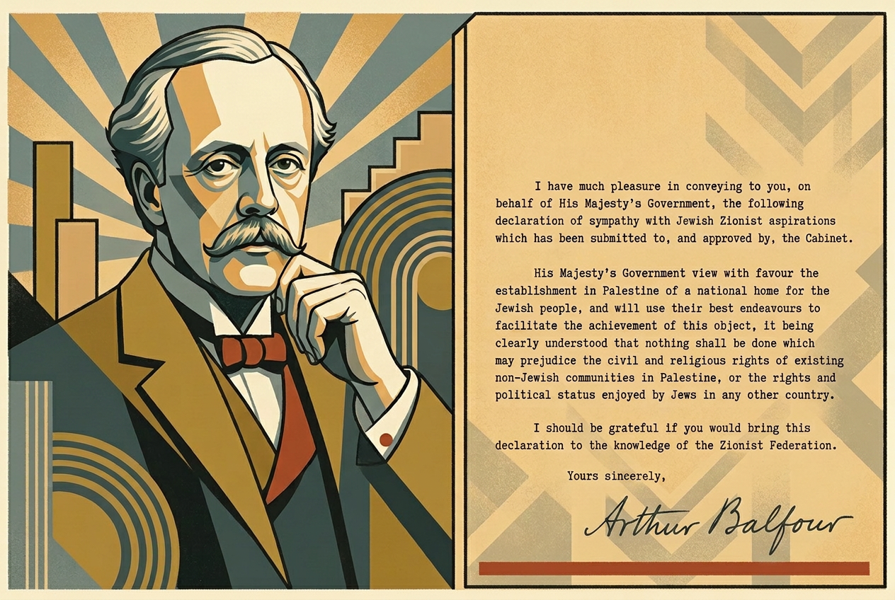Art deco portrait of Arthur Balfour alongside the historic Balfour Declaration letter