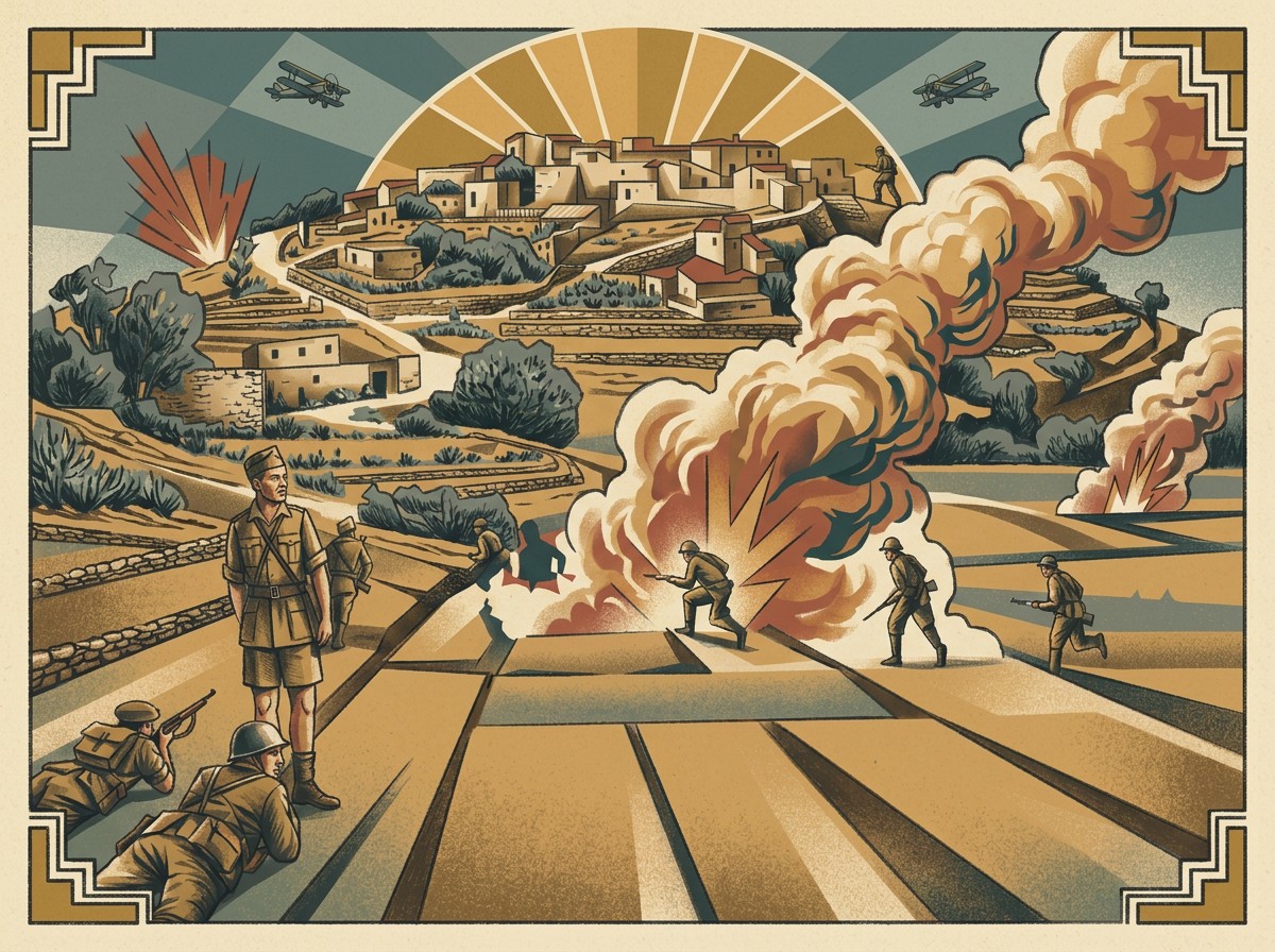 Fighters advancing across the hillside amid explosions