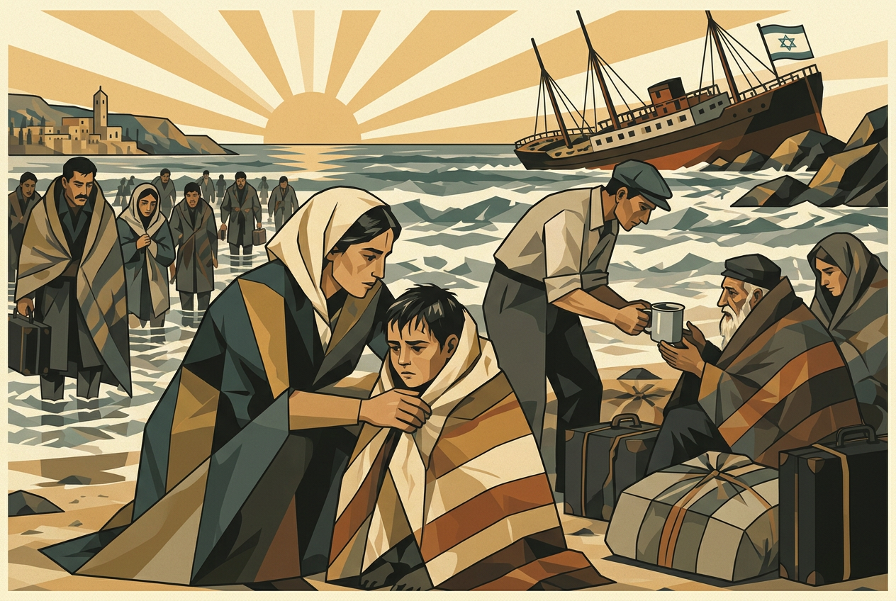 Families gathering in the surf with a ship and aircraft beyond