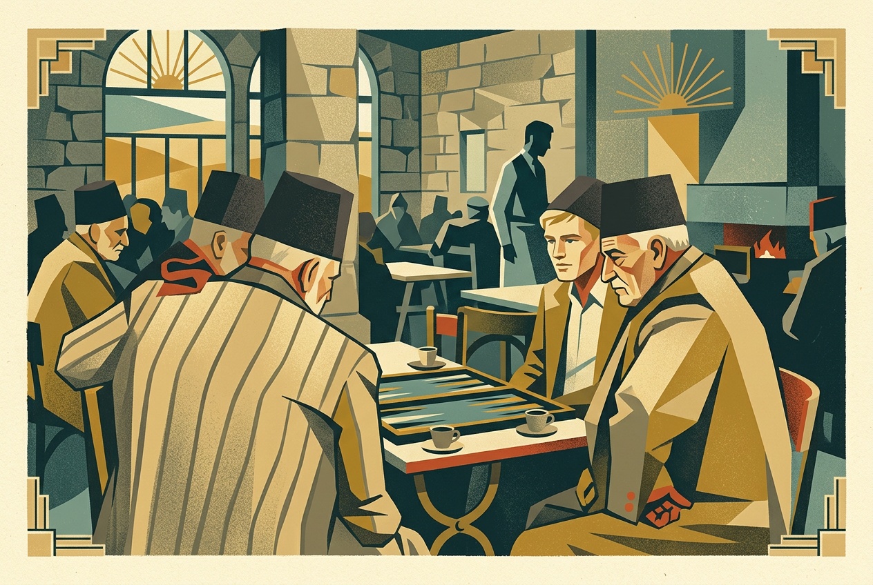 Palmach scouts dressed as peddlers playing backgammon with village men over coffee at an Arab village café