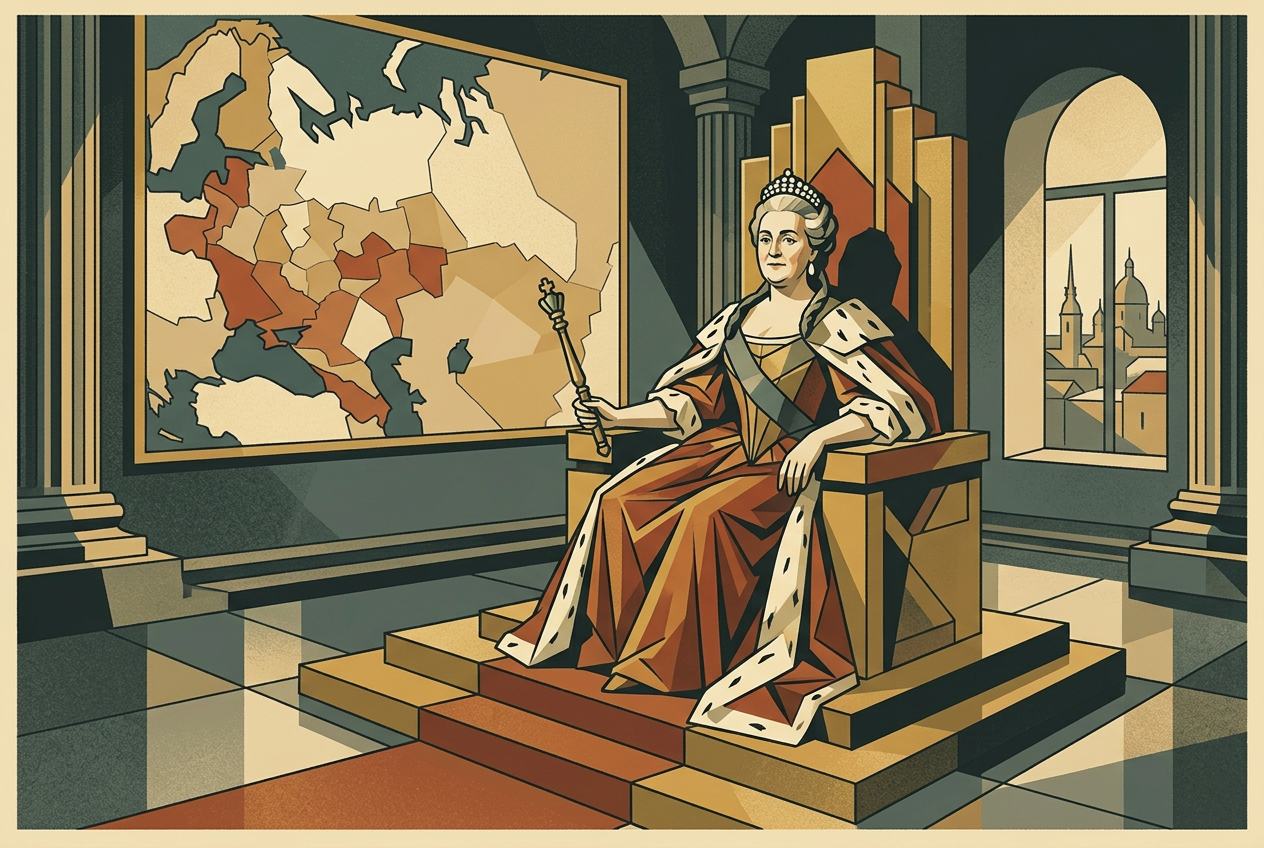 An art deco portrait of Catherine the Great on her throne holding a scepter