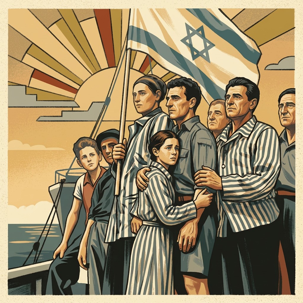 Young refugees beneath an Israeli flag aboard a ship
