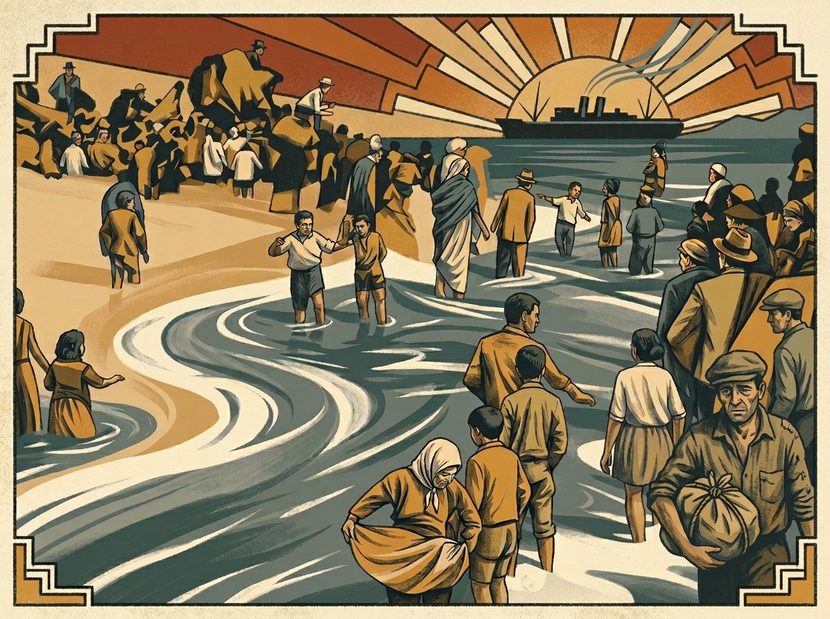 Refugees wading through the surf from a ship at sunset