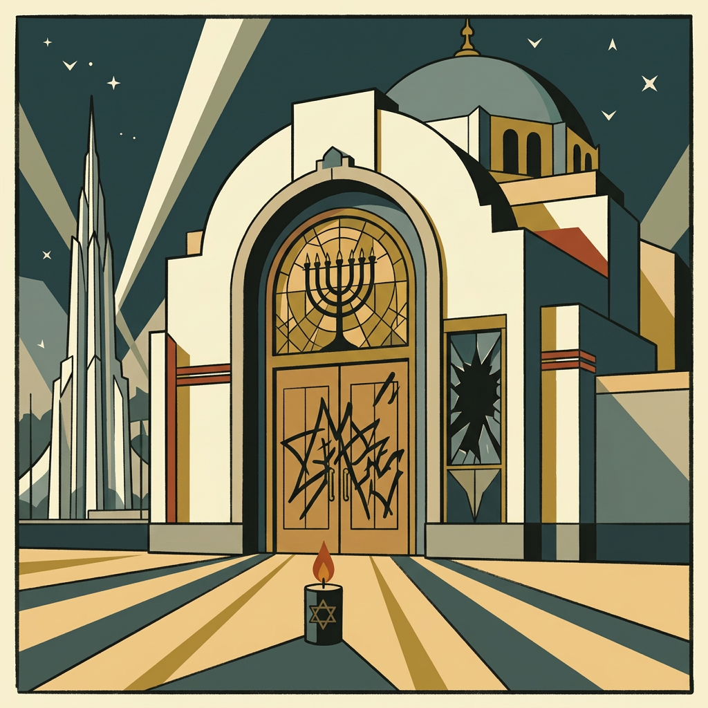 A defaced synagogue at night with a memorial candle