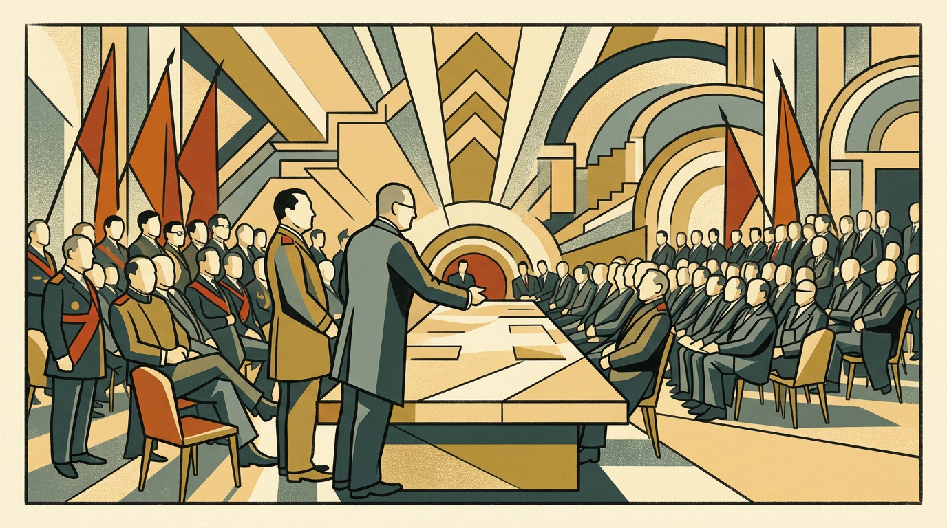 Art deco lithograph of the 1878 Congress of Berlin, European diplomats and statesmen in formal uniforms gathered in a palatial hall around a long conference table