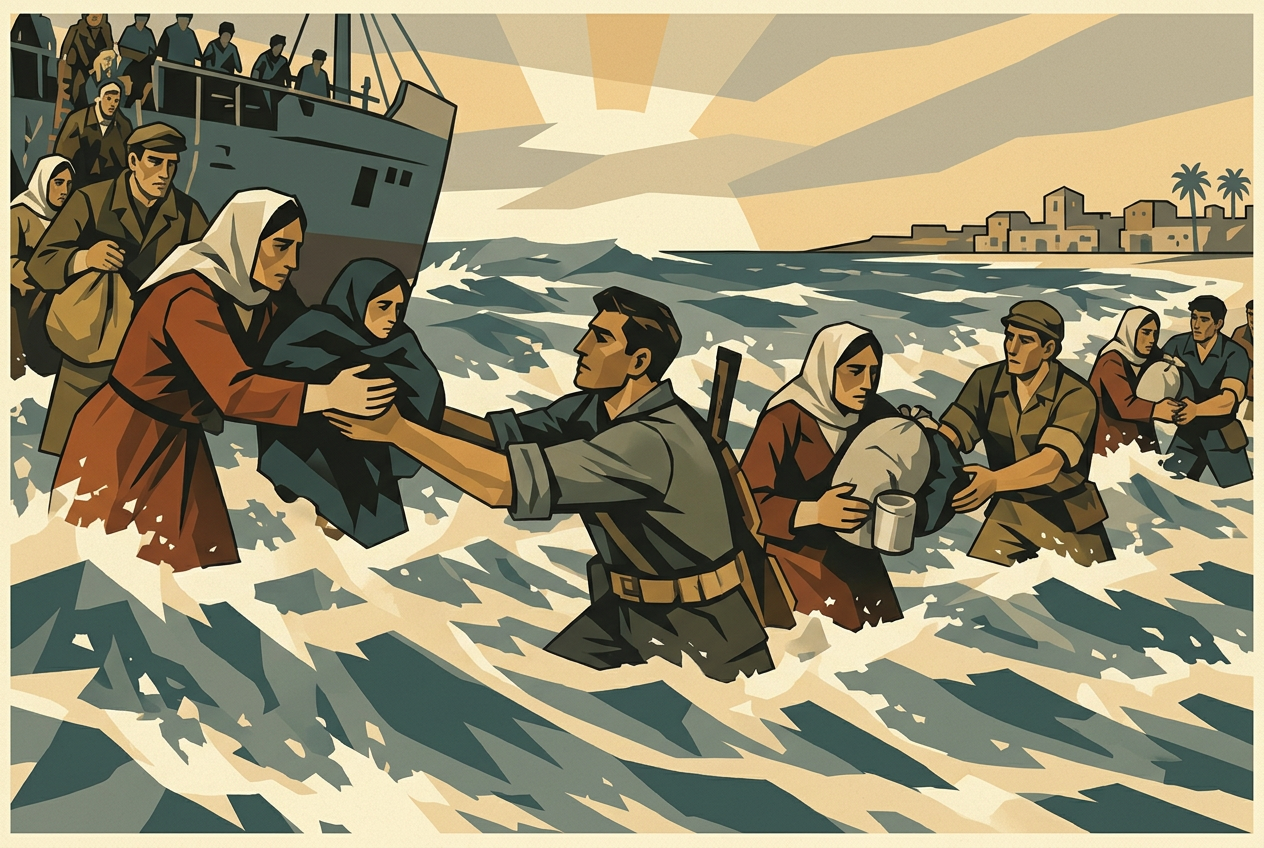 Refugee families wading ashore with their children and belongings