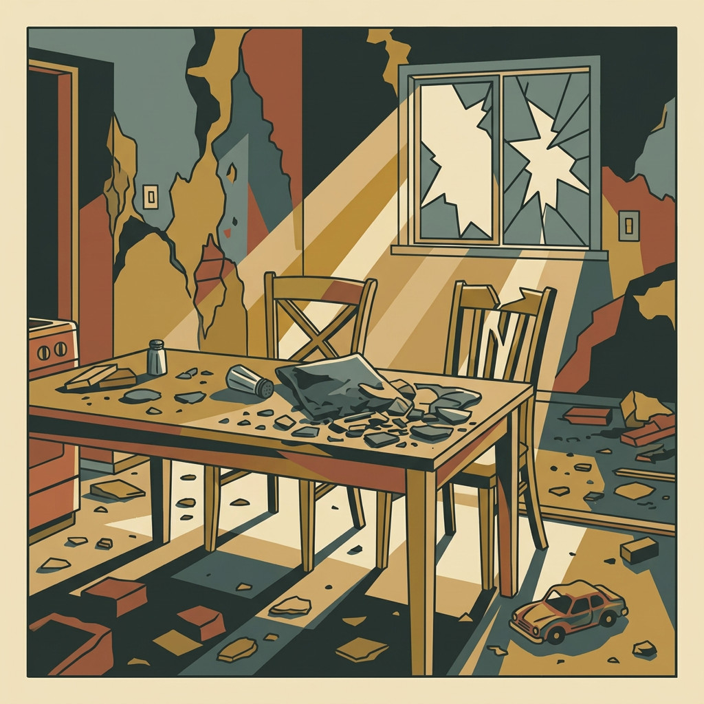 A damaged room with broken furniture, debris, and a child's toy car