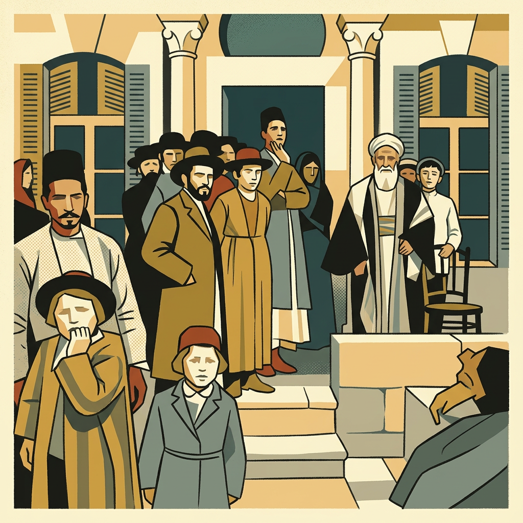 A formal group portrait of Syrian Jewish men, boys, and an elder rabbi in a prayer shawl gathered before the arched stone doorway of a Damascus synagogue