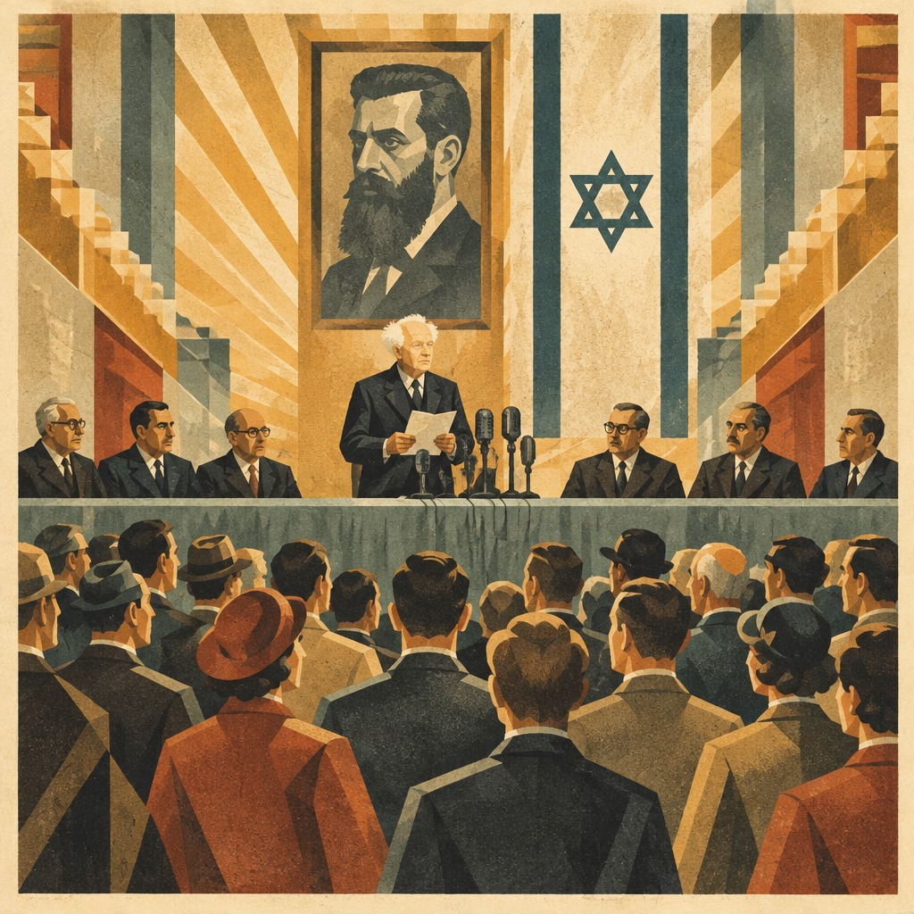 David Ben-Gurion declaring the State of Israel at a long table, a flag and a portrait of Herzl behind him