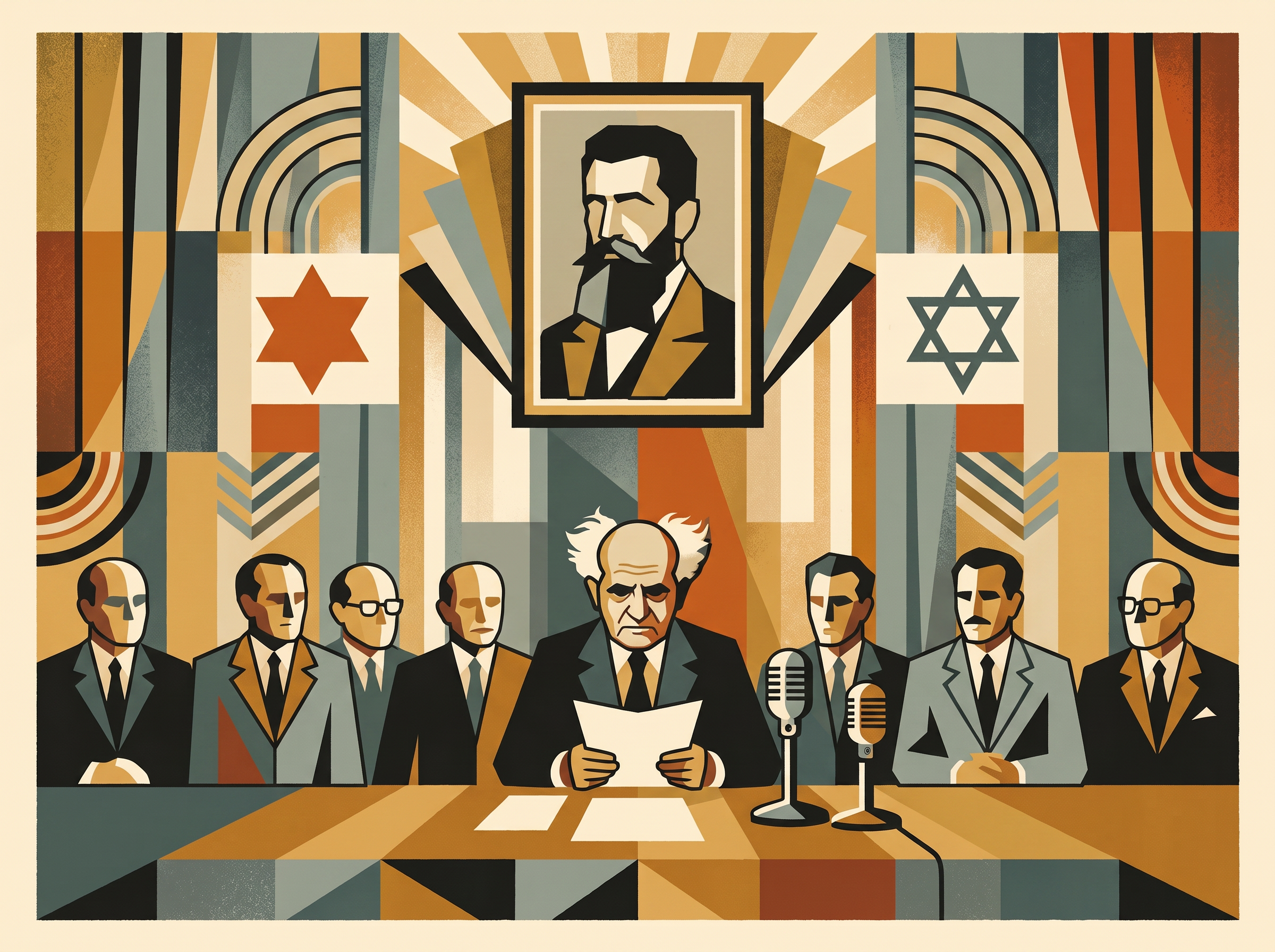 Ben-Gurion declaring the State of Israel in the Tel Aviv Museum, May 1948
